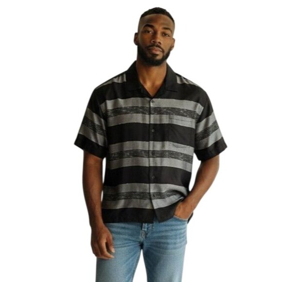 AllSaints Gabon Grey Black Stripe SS Shirt - Size S - Picture 1 of 6